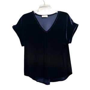 Sophia Collection Made in Italy Blue Velvet Velour V Neck Top Shirt Large
